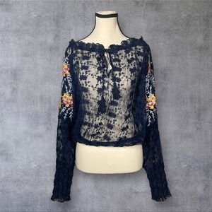 Free People Blue Jubilee Lace Floral Embroidered Sheer Top Womens S Boho Mesh